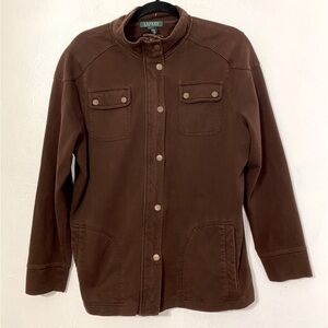 1X Lauren Ralph Lauren 100% cotton Brown full zip and snap button shacket. 1X